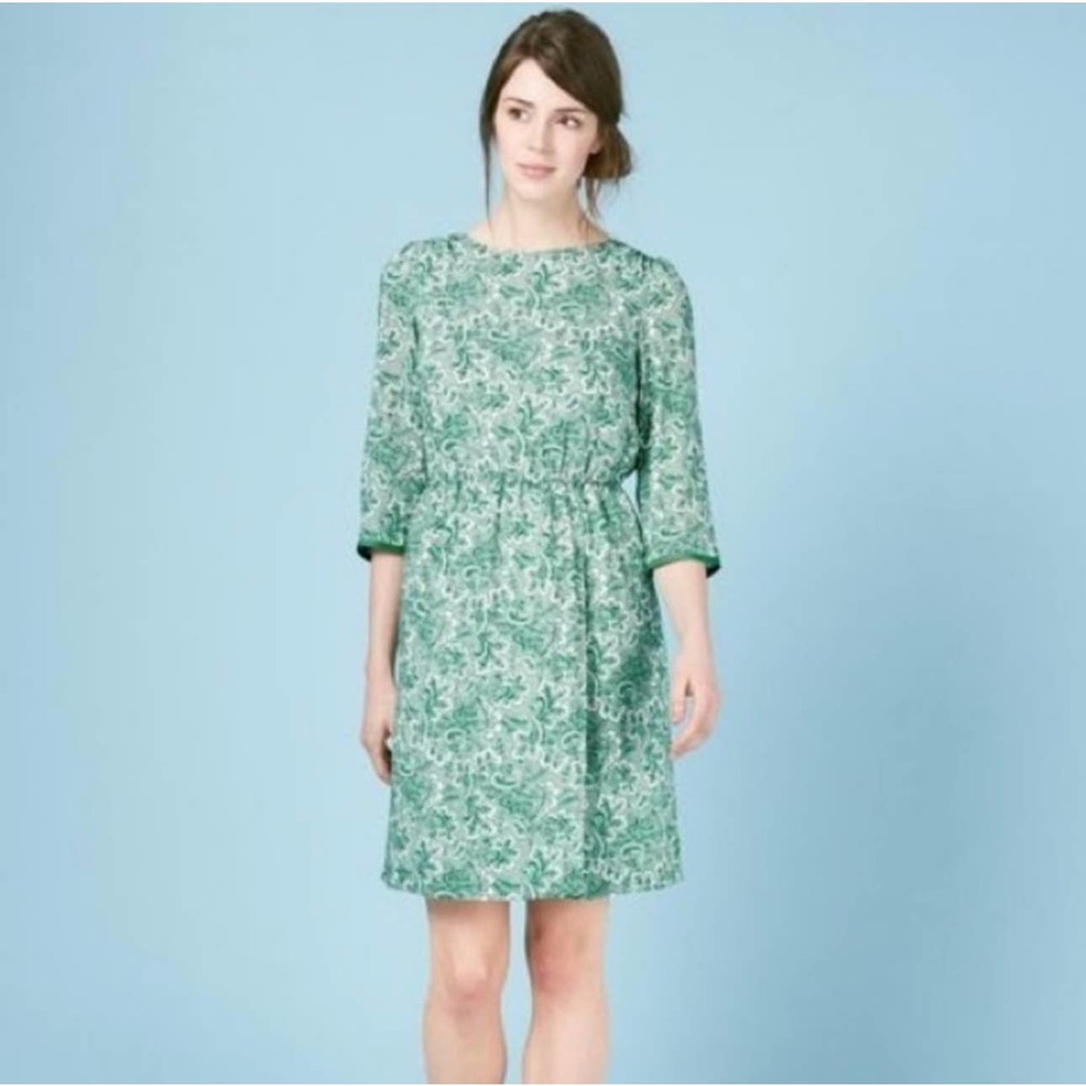 Boden Dress Womens 6 Green Dolly Day Paisley Faux Wrap Elastic Waist Classic